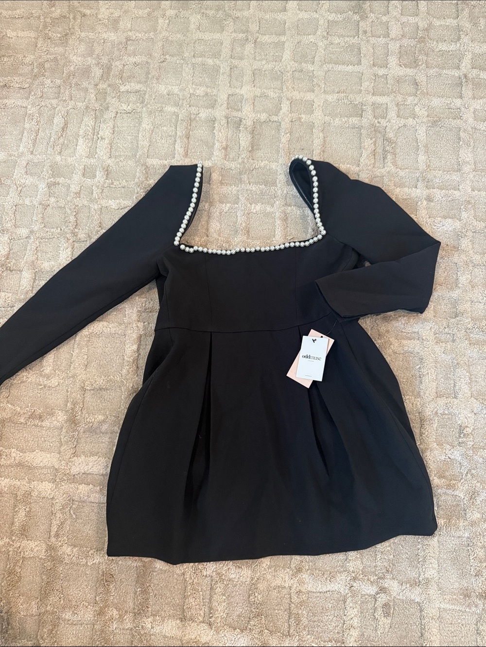 Black Pearl-Trim Long Sleeve Mini Dress